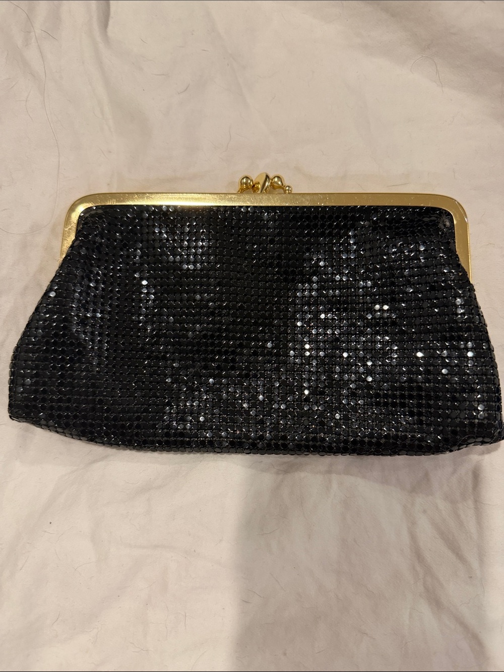 Vintage Whiting and Davis Black Sequin Frame Clutch with Gold-Tone Trim
